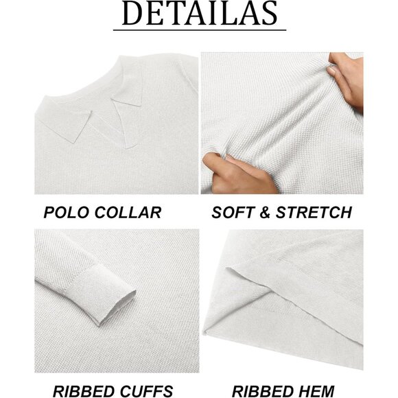 Men's Knit Polo Long Sleeve V-Neck Pullover Sweaters Collared Knitted White - Picture 6 of 6